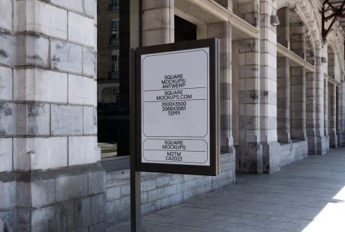 Street poster mockup on sidewalk with details for high-resolution square designs, ideal for presenting branding graphics and outdoor advertising templates.